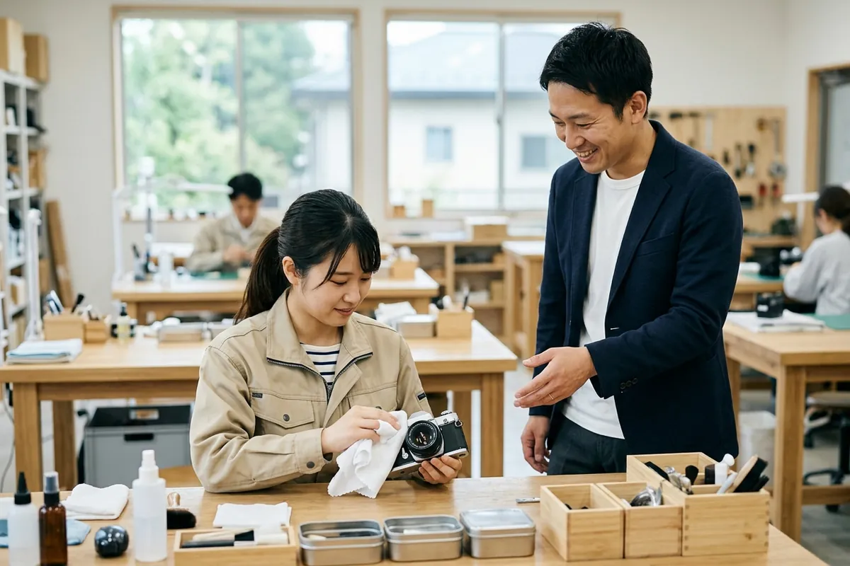 明るい作業スペースでリユース品を扱う利用者さんに穏やかに声かけを行うサービス管理責任者