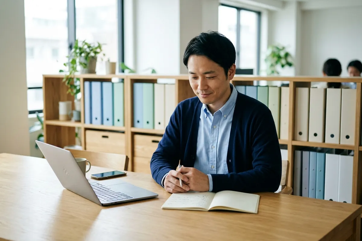 静かで明るいオフィスデスクで個別支援計画の作成やモニタリング業務に集中するサービス管理責任者