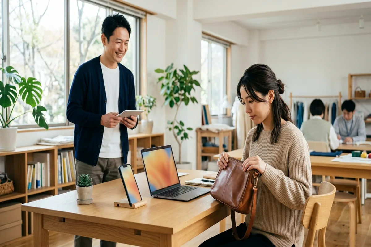明るい作業テーブルでパソコンとスマートフォンを使って出品準備を進める利用者さんと見守るサービス管理責任者