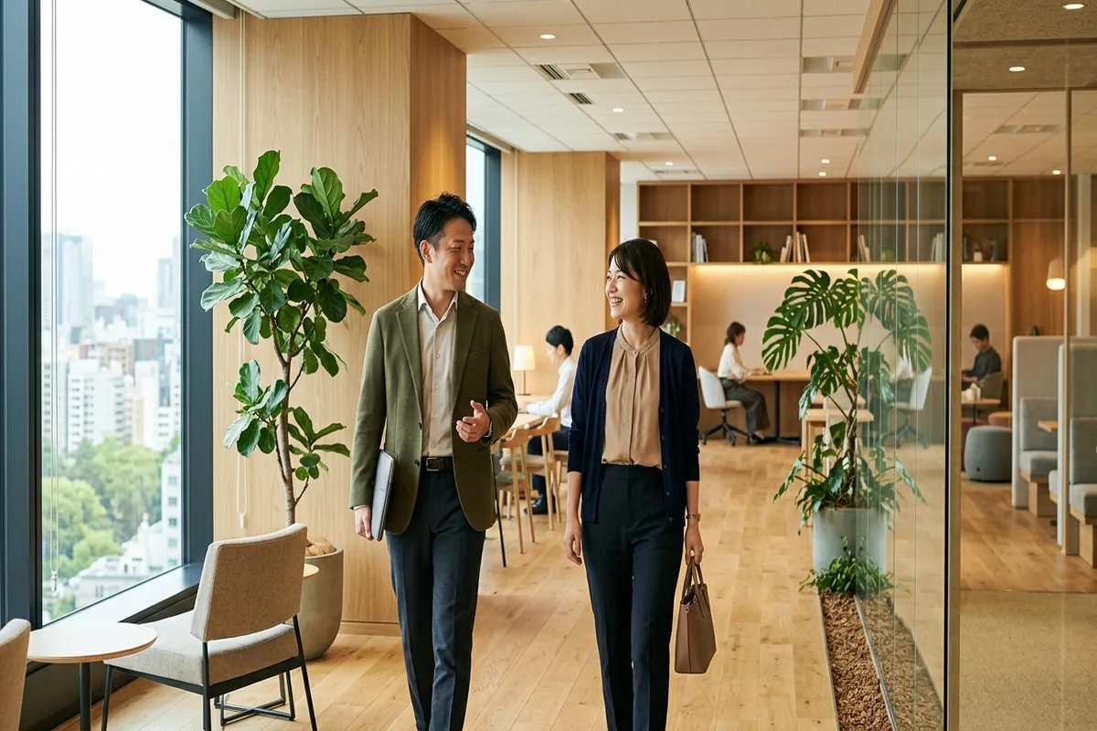 明るく温かみのあるオフィスで穏やかに会話するスタッフのイメージ