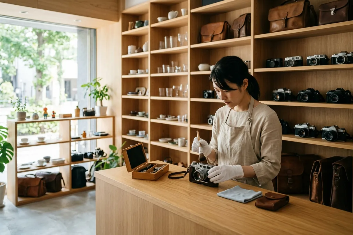 整理整頓された明るいリユース事業スペースで商品を丁寧に確認する風景
