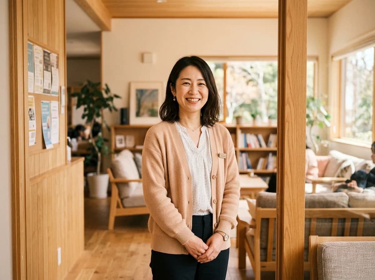 温かい笑顔で新しい仲間を歓迎する福祉スタッフのイメージ