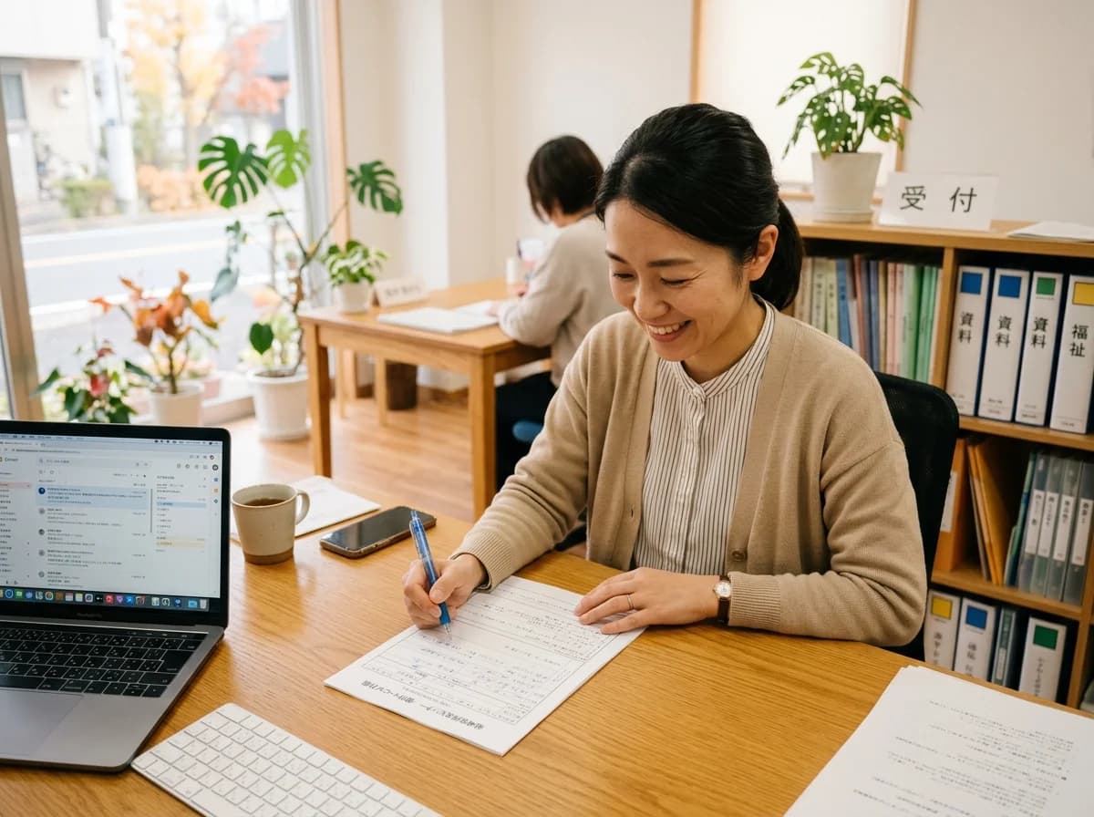 穏やかな雰囲気のオフィスで個別支援計画や事務作業を確認するサービス管理責任者のイメージ