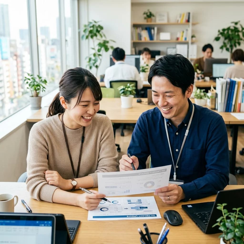 オフィス環境でスタッフ同士が連携し、支援計画や就労サポートについて相談するイメージ