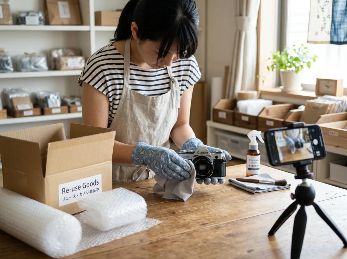 リユース商品の丁寧な清掃、スマートフォンを使った出品写真の撮影、梱包準備などの作業イメージ