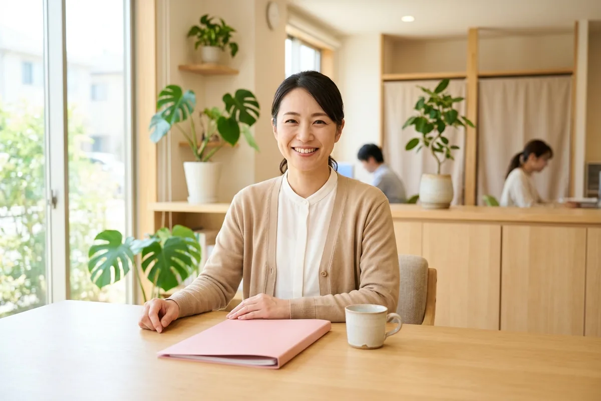 明るいオフィスで穏やかな笑顔を見せるサービス管理責任者のイメージ