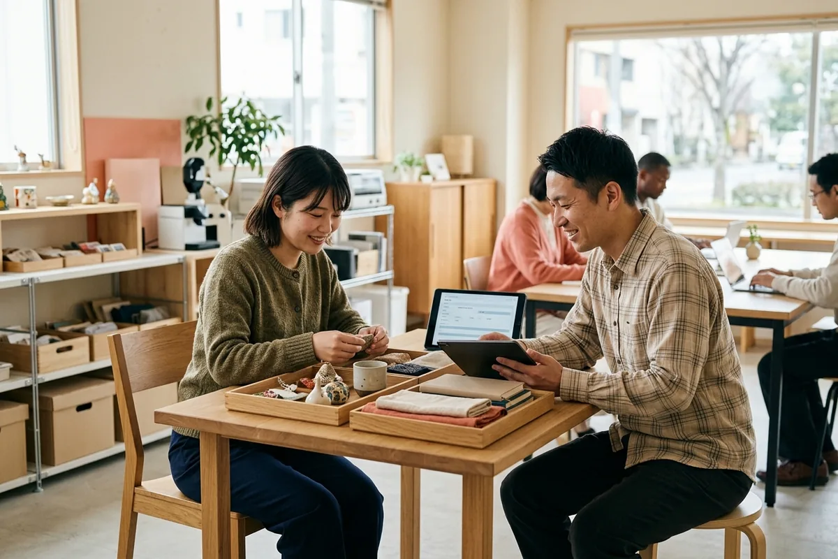明るいオフィス環境でリユース品を確認し自然にサポートし合うスタッフと利用者さん