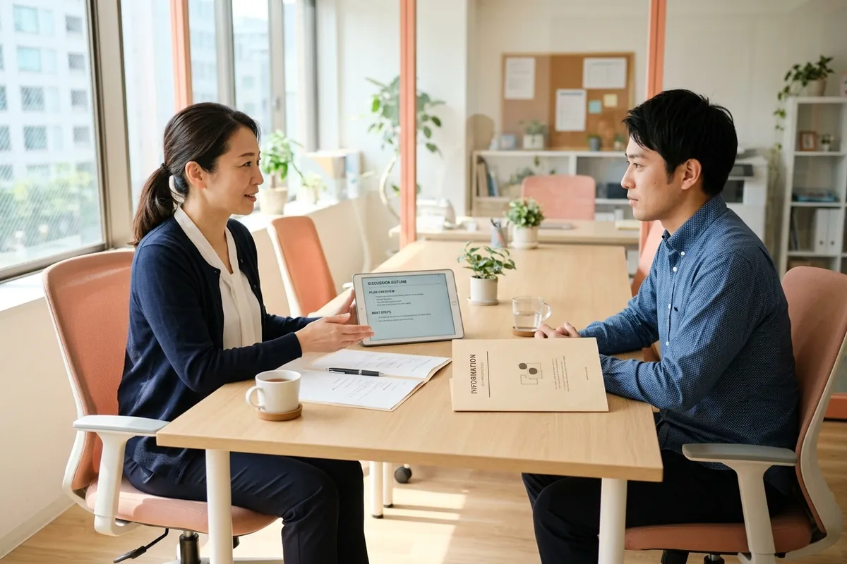 穏やかな雰囲気のオフィスで個別支援計画や就労サポートについて落ち着いて対話するサビ管