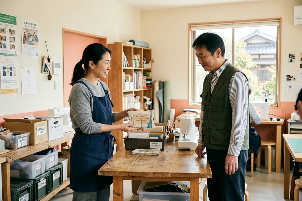 仕上がった商品を手に取りお互いに静かに達成感を共有し合うスタッフと利用者さん