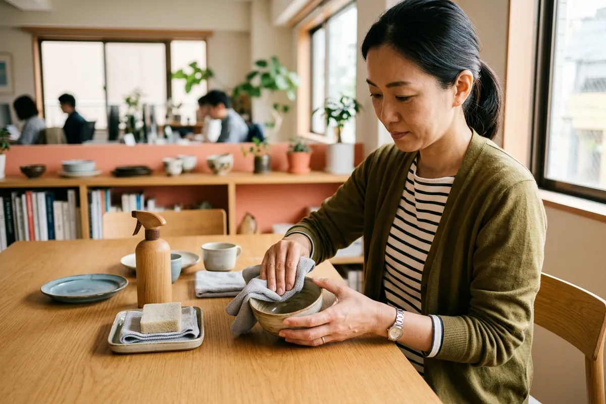 リユース商品を柔らかい布で丁寧に清掃する作業風景