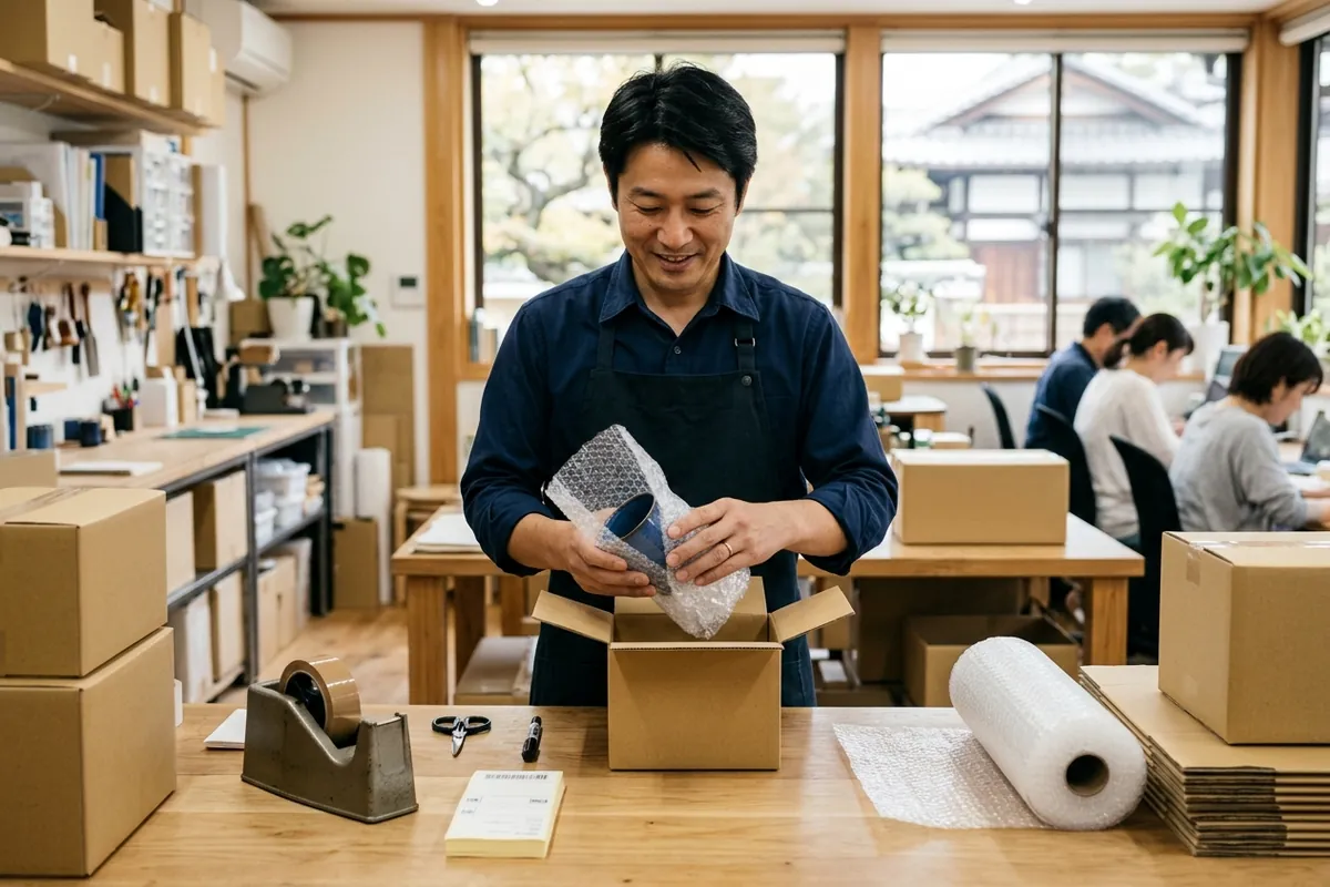 清潔な作業台で緩衝材を用いて商品を丁寧に箱へ梱包する発送準備の風景