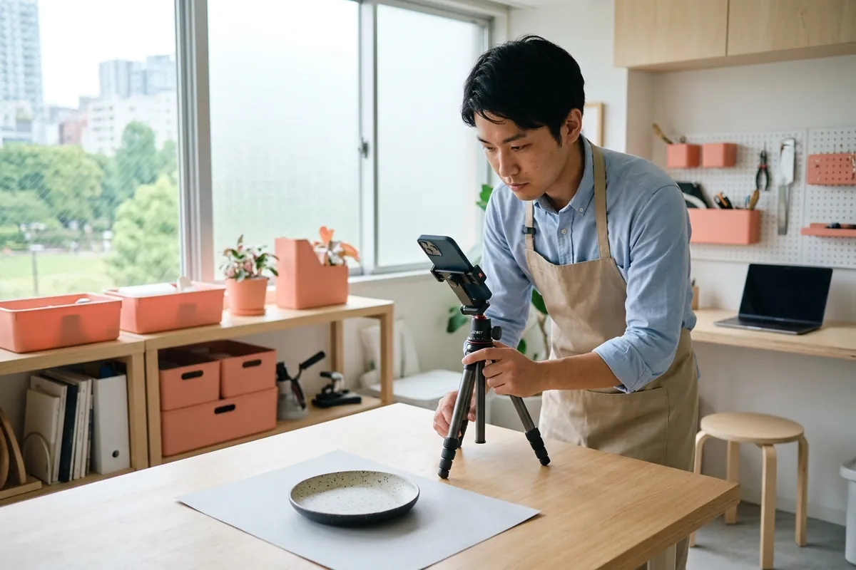 卓上ブースでスマートフォンを使って商品の状態が伝わるよう写真を撮影する作業風景