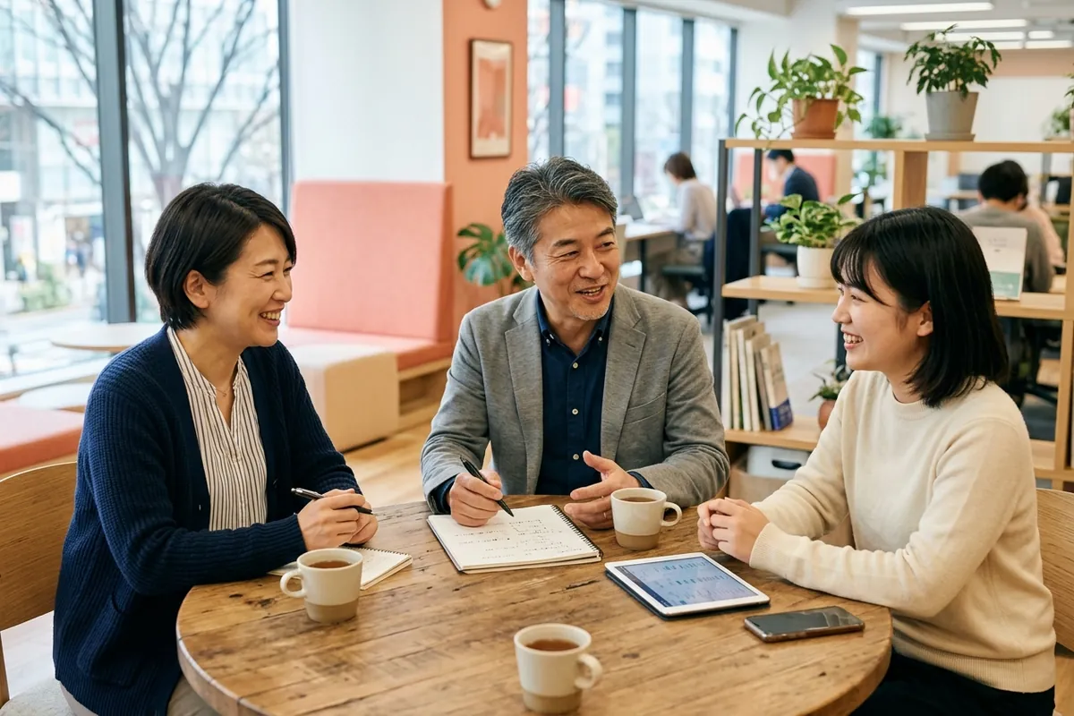スタッフ同士が穏やかに相談し合い業務を連携して進めるミーティング風景