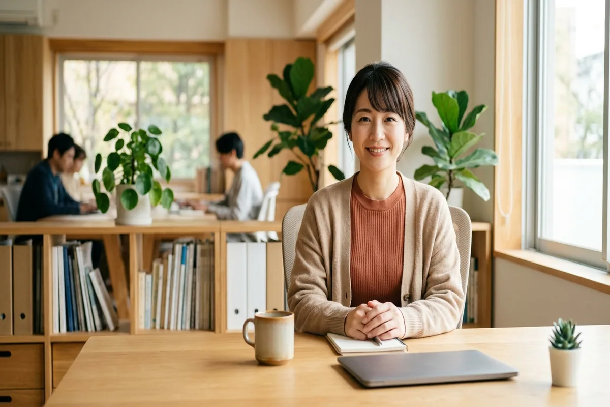 朝の光が差し込む明るいオフィスで穏やかに1日の業務を始めるサービス管理責任者