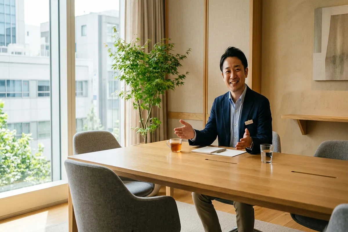 明るい面談室で応募者を温かく迎える採用担当者のイメージ