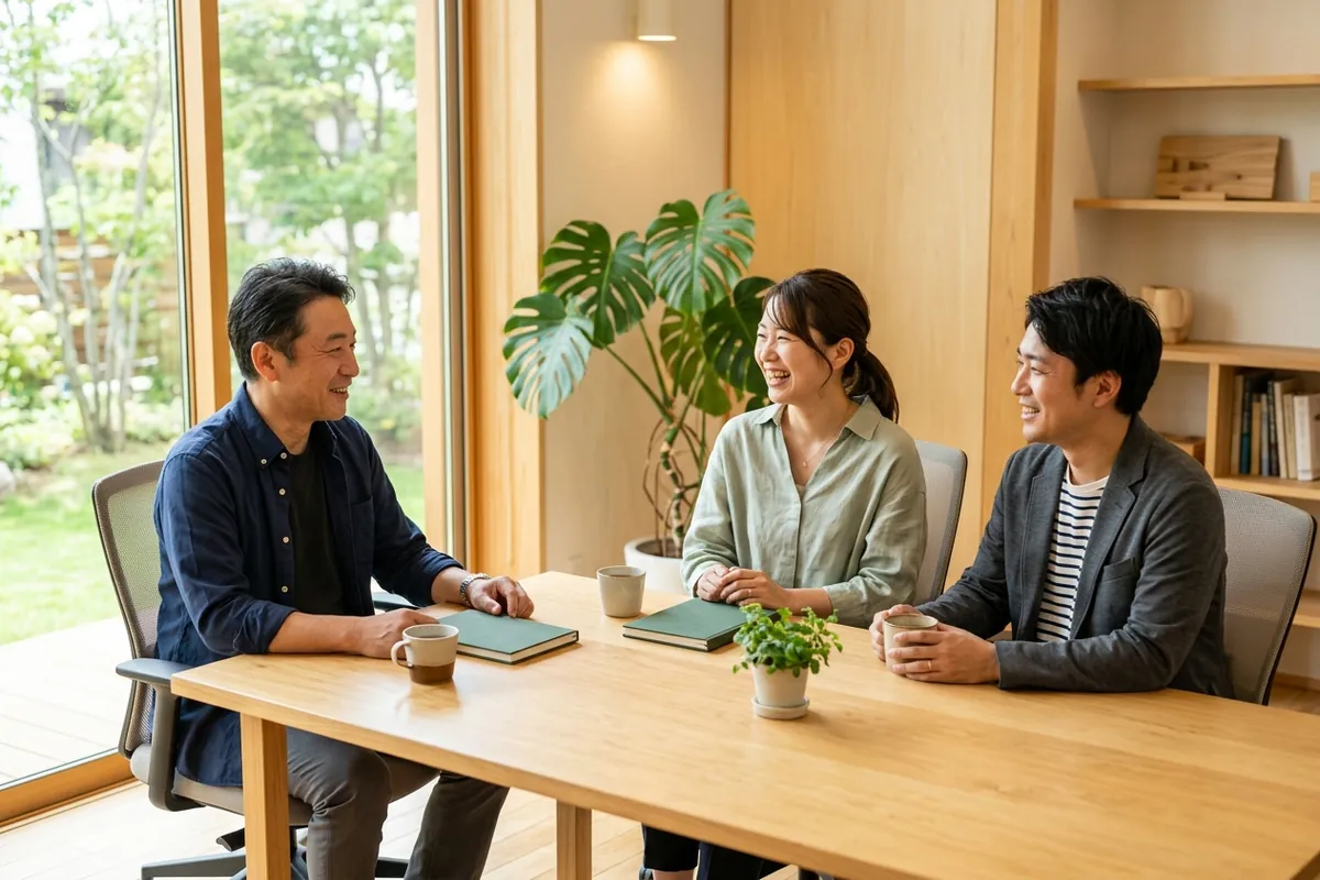 明るいオフィスでスタッフ同士が穏やかに連携し支援状況を確認し合う風景